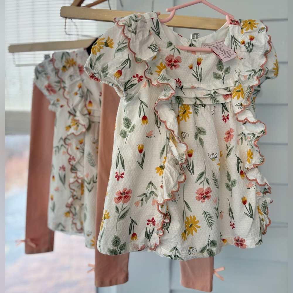 Catherine Malandrino White Floral Ruffle Top with Pink & Yellow Flowers (2 sets)